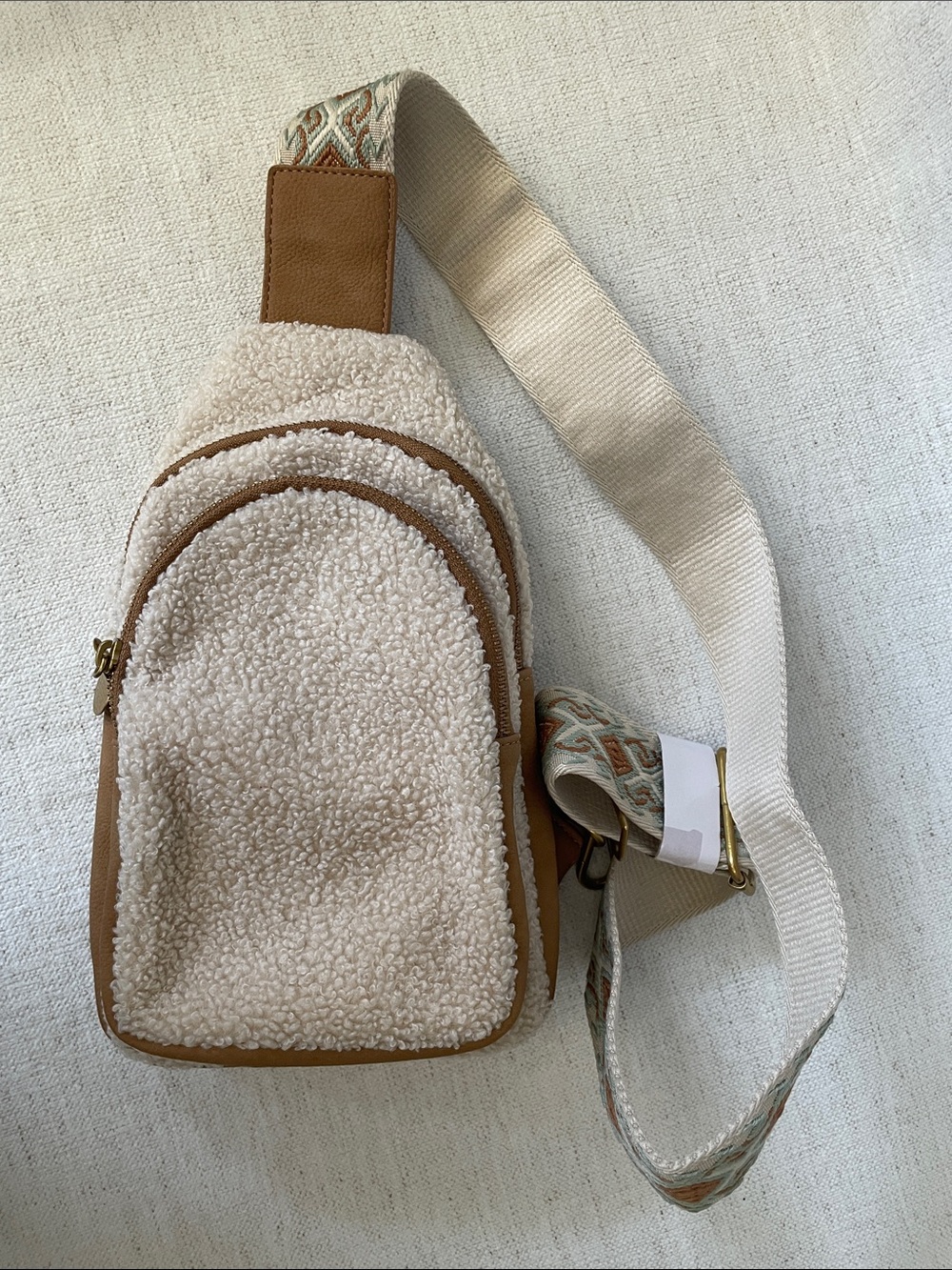 Style & Co Cream Sherpa Crossbody Sling Bag with Tan Trim
